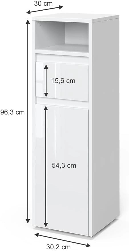 Mobiletto bagno Majest, Bianco lucido, 30.2 x 96.3 cm, per la conservazione di accessori da bagno e combinabile