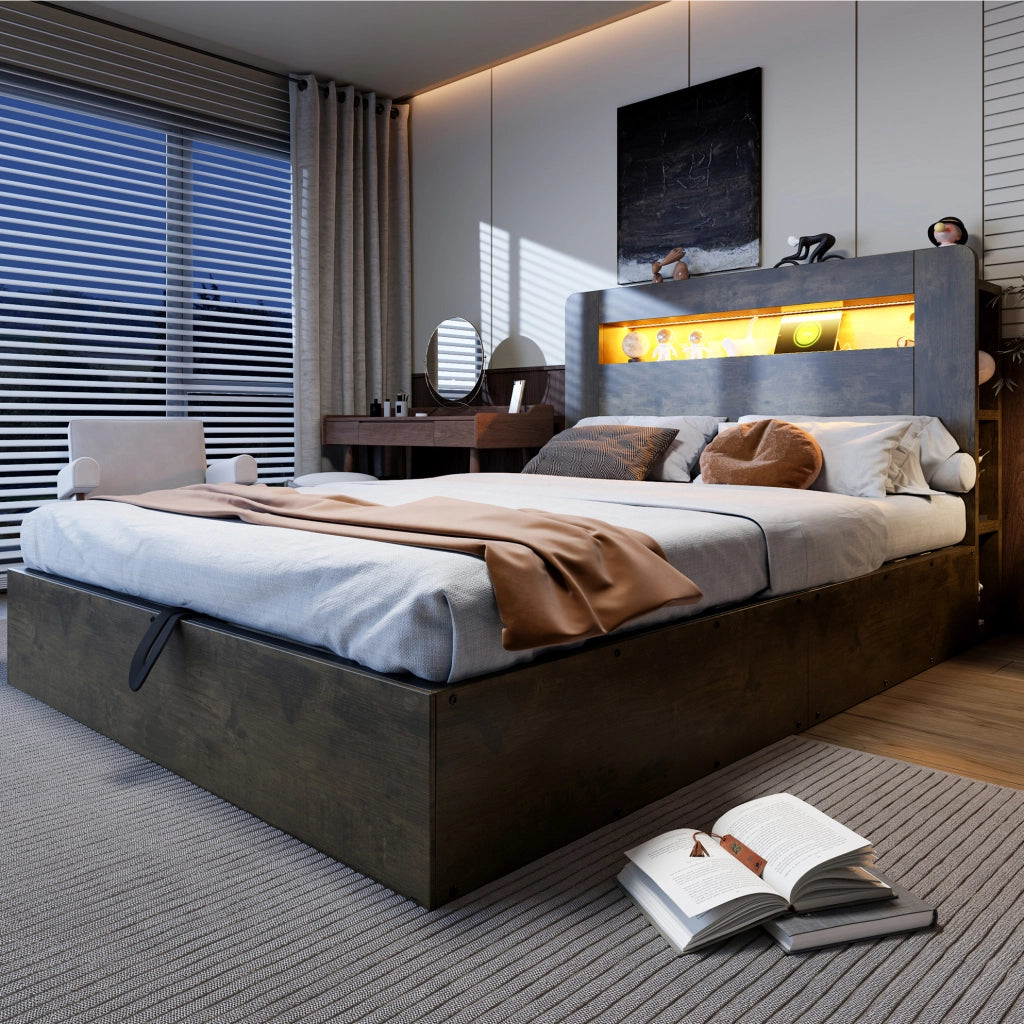 Letto 140x200 con contenitore idraulico, LED e prese