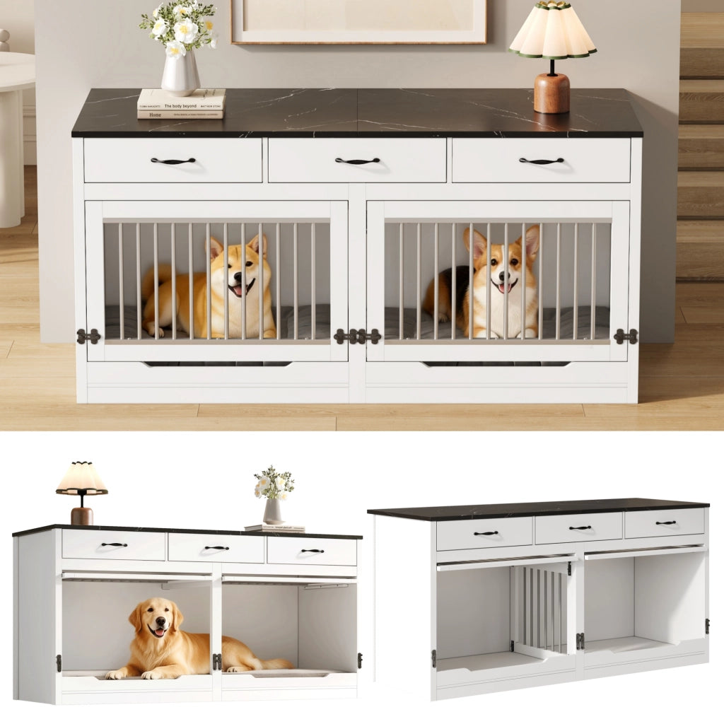 Cuccia per cani in legno e metallo con sportello ribaltabile, divisorio removibile e 3 cassetti, bianco e nero