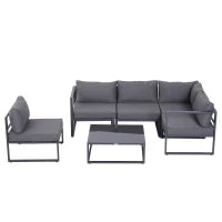 Set da Giardino da 6 Pezzi con  4 Sedie, 1 Divano ad Angolo e 1 Tavolino da Caffè, Salotto da giardino con Cuscini, Mobili da Giardino in Alluminio, Poliestere, Vetro temperato, per 4–5 persone, Grigio