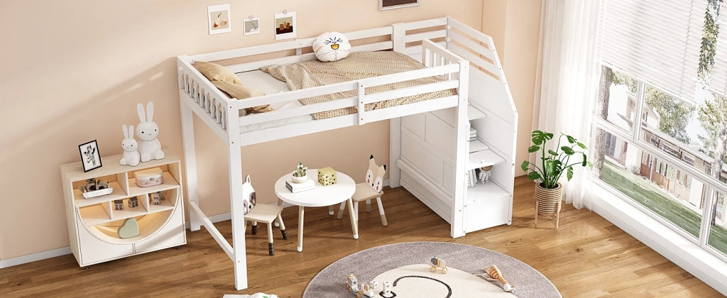 Letto a soppalco per bambini 90 × 200 cm con barriera, scaletta contenitore, senza materasso, bianco, pino