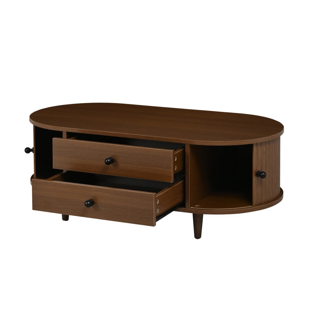 Tavolino da salotto rotondo 100x50x36 cm effetto noce; in MDF con 2 cassetti e ante scorrevoli