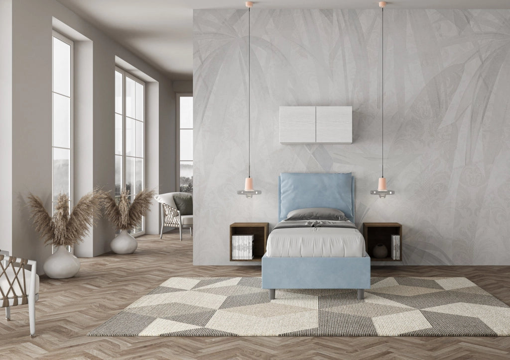 BS COM Letto singolo con rete imbottito 90x200 microfibra azzurro