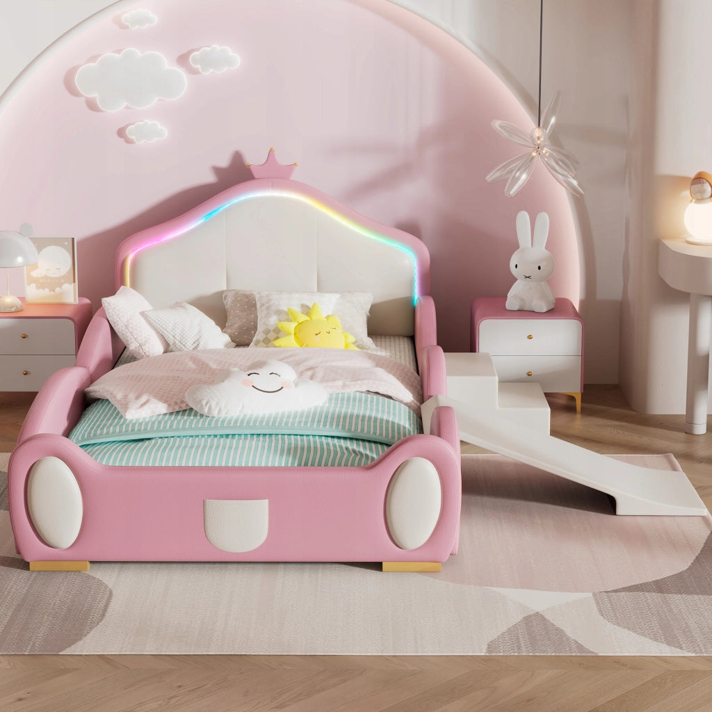 Letto 90x200cm - Xylo - LED, scivolo, PU, rosa+beige