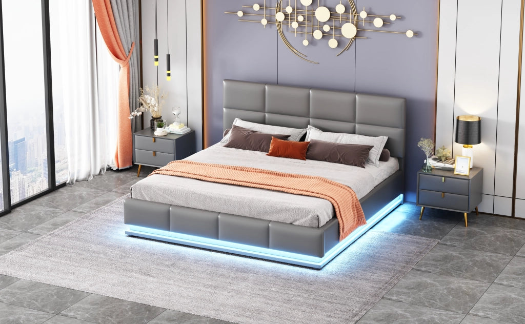 Letto Contenitore 160 x 200 cm; Letto Matrimoniale - LED e Testiera Regolabile - Grigio