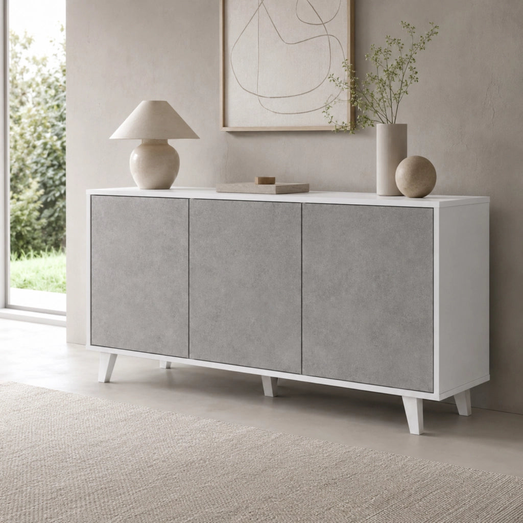 Credenza Gijòn Mobiletto Madia Con 3 Ante Battenti Senza Maniglie In Melaminico Per Soggiorno Salotto E Sala Da Pranzo 154 X 41 X 75 Cm Bianco E Grigio Cemento