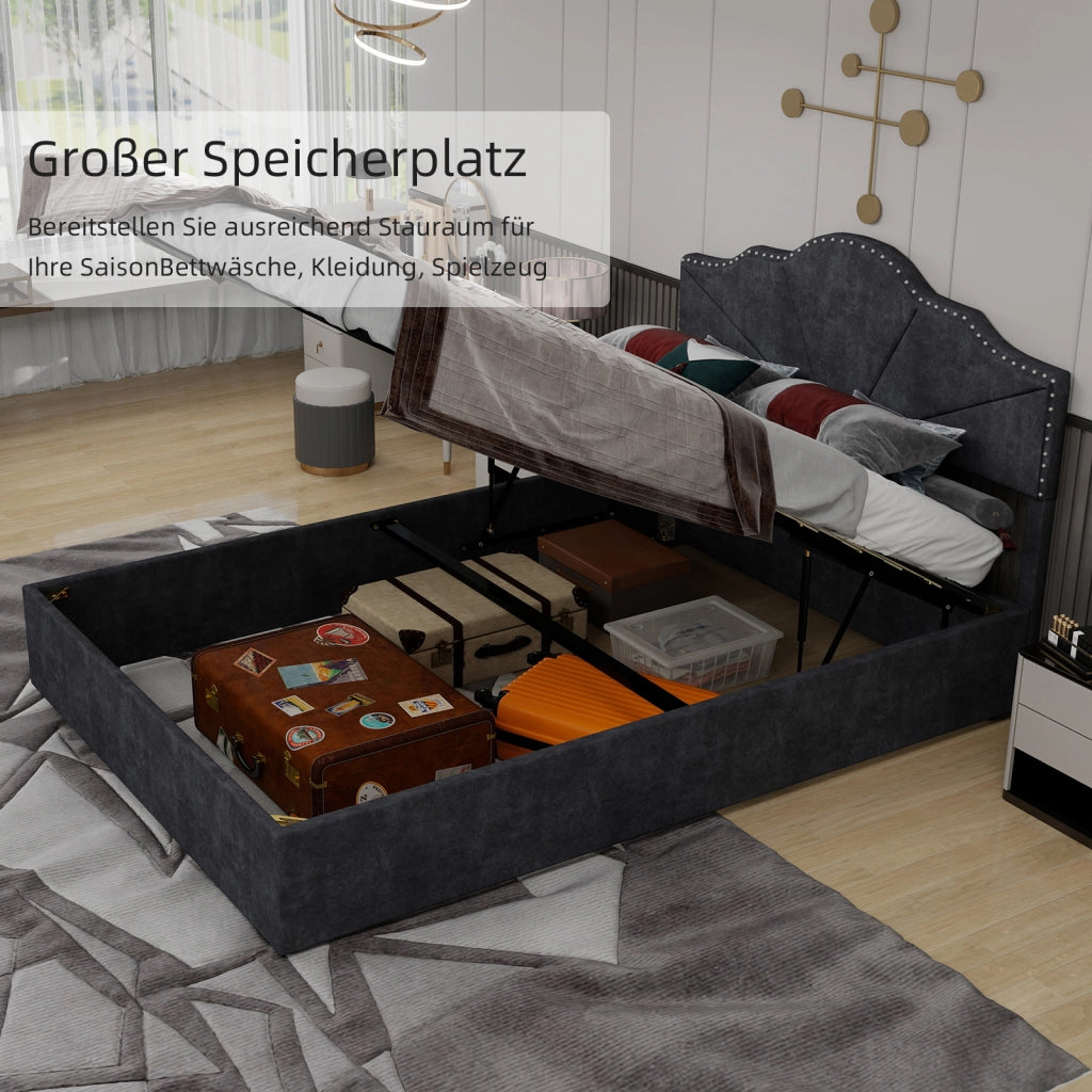 Letto Matrimoniale 140x200 cm; Testiera Geometrica in Tessuto e Metallo; Grigio