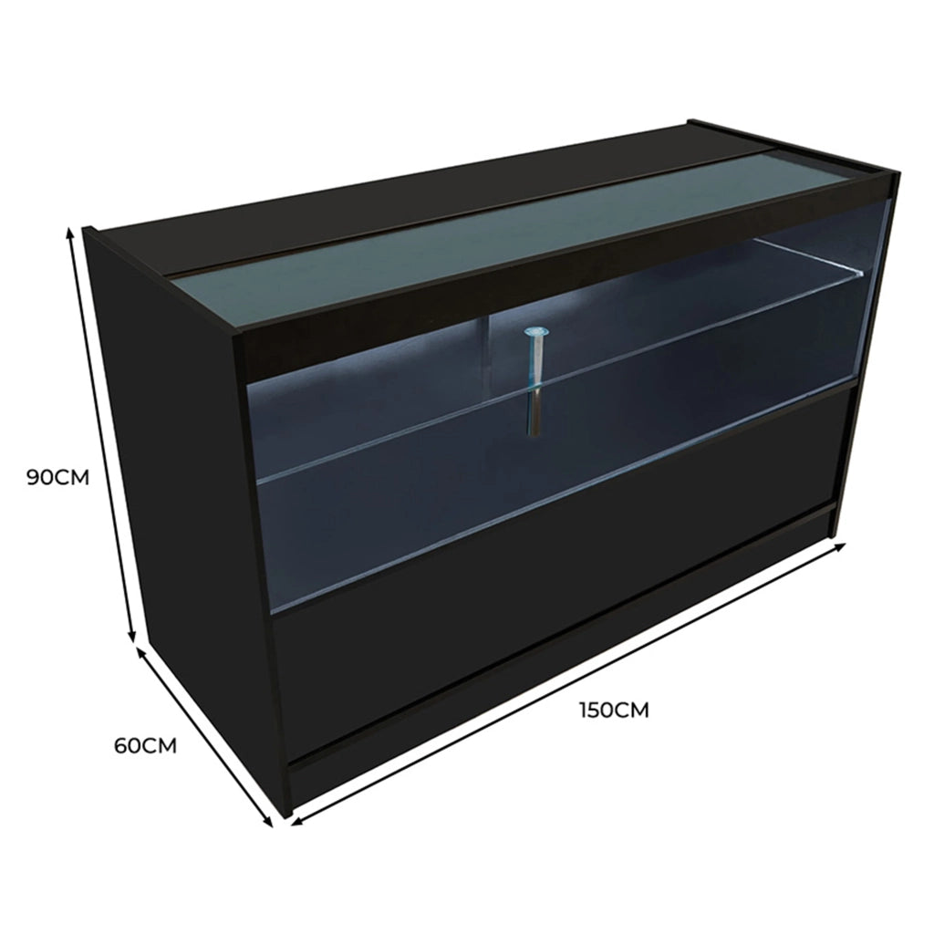 Bancone LED Nero C1500 con Vetrina, 3 Ripiani e Ante Scorrevoli