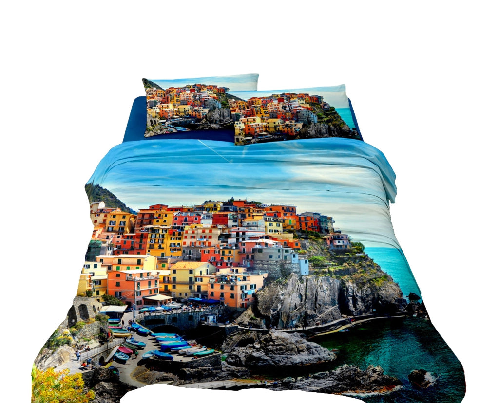 Completo Letto Lenzuola 100% Cotone Set Lenzuolo Moderno Sotto Sopra Federe Due Stampe In Altissima Definizione Dis45CinqueTerre - Matrimoniale
