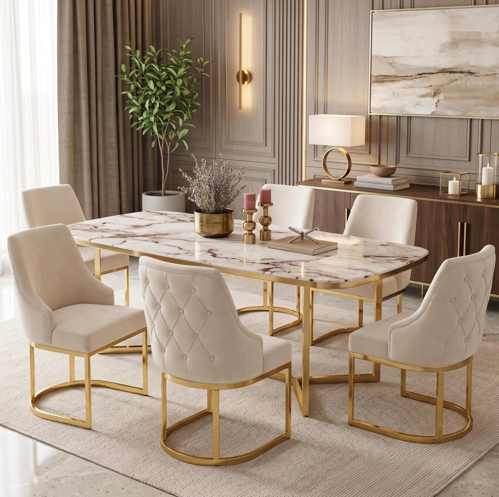 Set di 2 sedie da pranzo in velluto beige e oro; schienale trapuntato; gambe in metallo