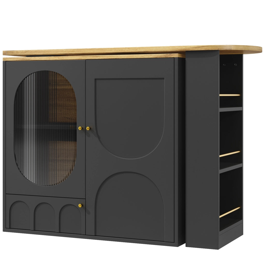 Mobile bar 138x39x105 cm girevole 360° con ampio spazio di contenimento in MDF e metallo nero