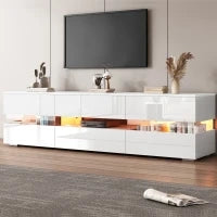 Moderno mobile TV lucido con illuminazione LED, 2 ante, 1 cassetto, vano aperto, apertura a pressione, Bianco