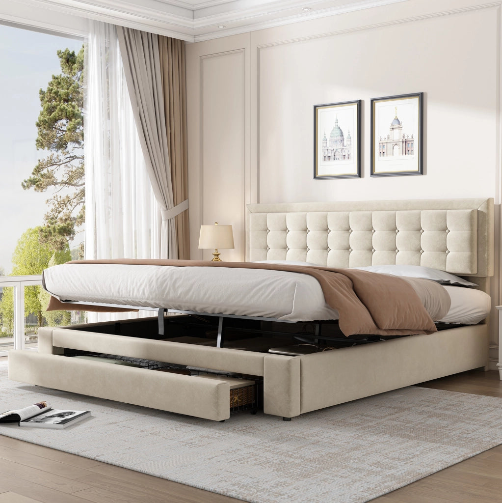 Letto contenitore 180x200 cm con testiera regolabile; in velluto beige