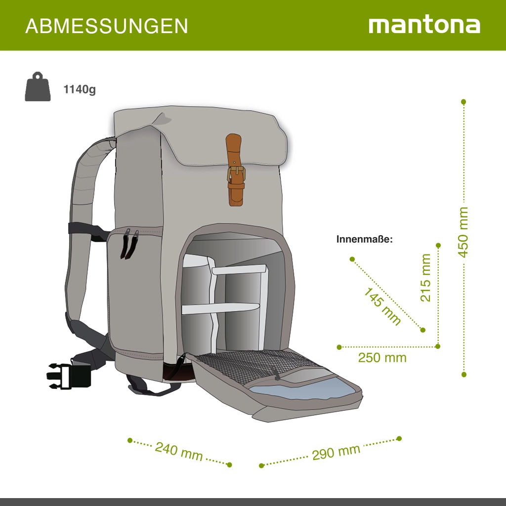 Mantona Luis junior Retro Zaino fotografico grigio, per fotocamera con copertura antipioggia, borsa fotografica con scomparto per laptop, DSLR, 3 obiettivi e accessori fotografici