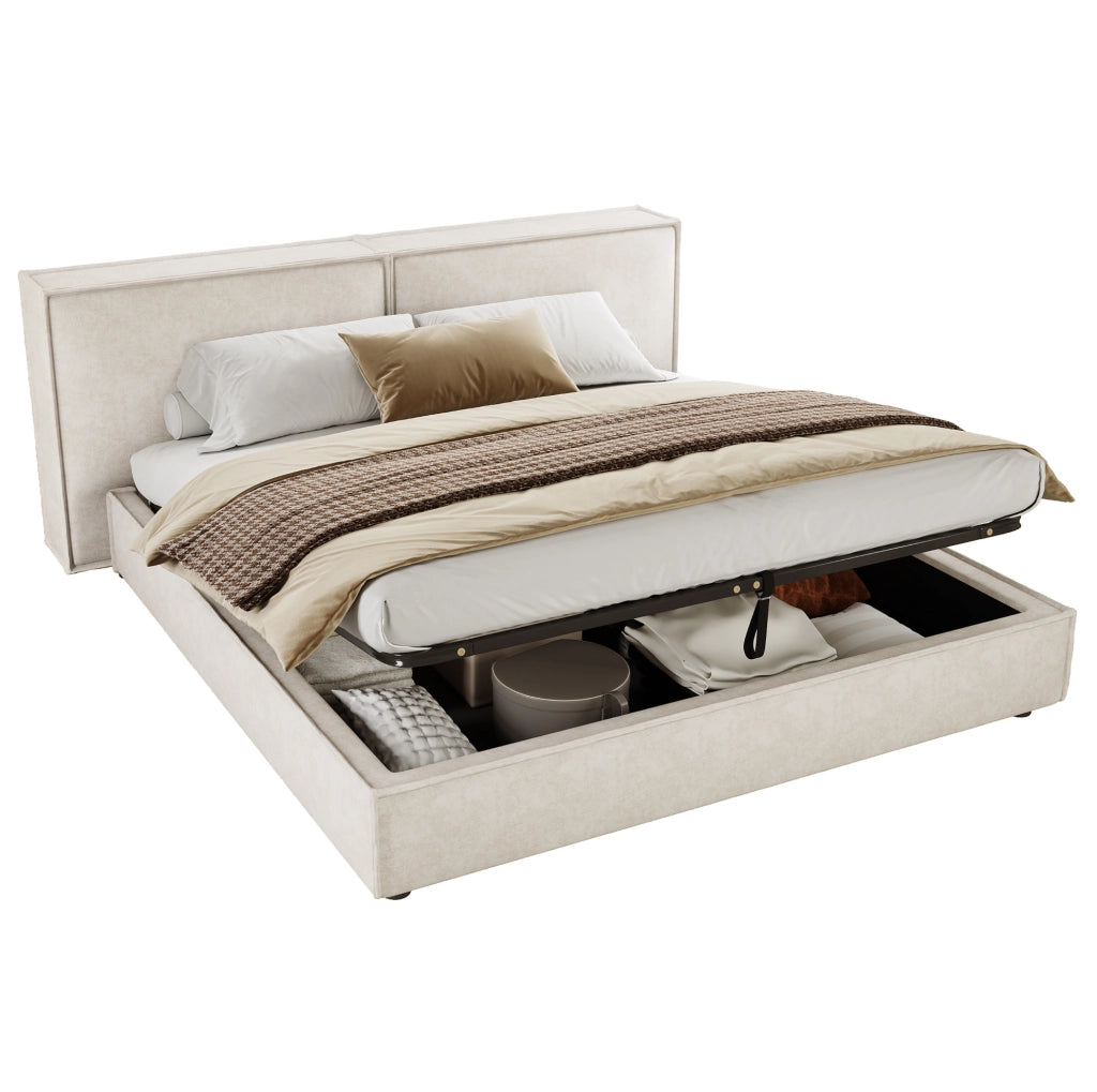 Letto matrimoniale contenitore 180x200 cm con rete e testiera imbottita in bouclé bianco