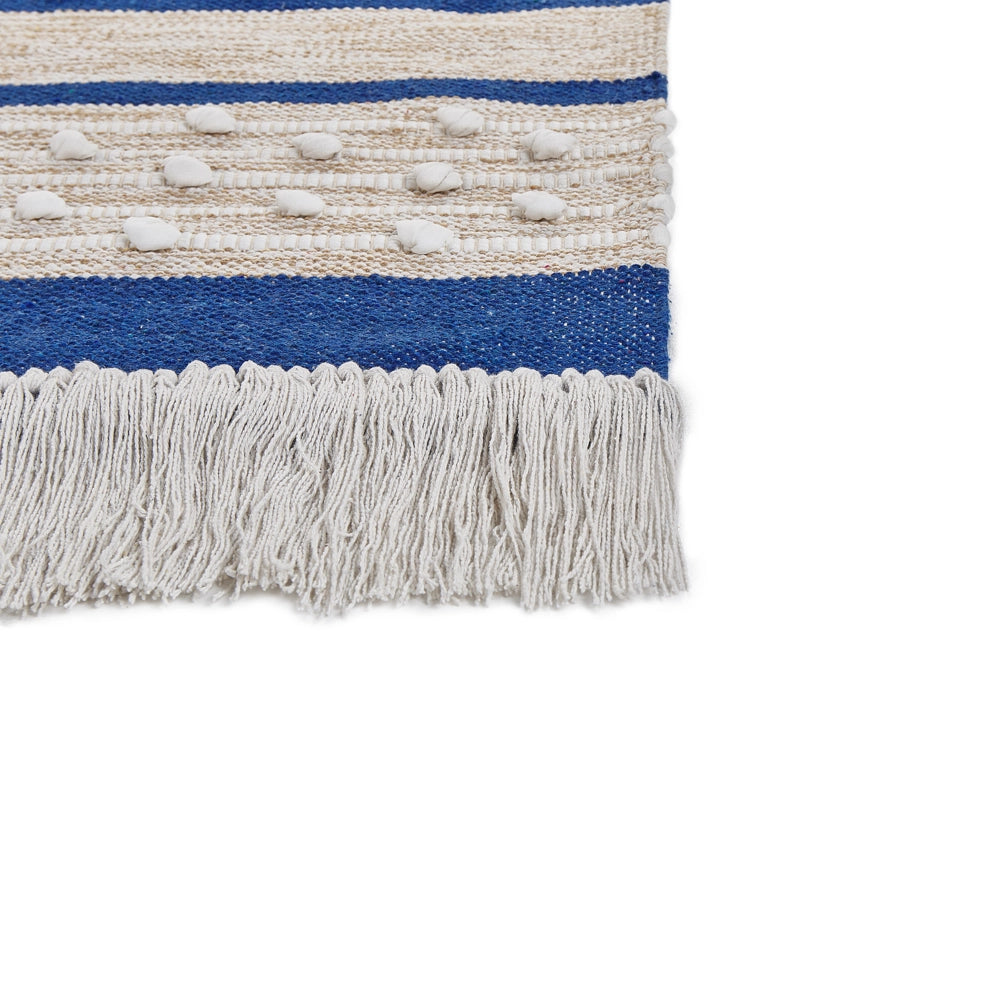 Tappeto in cotone blu e beige  con nappe e motivo a strisce verticali 80 x 150 cm camera da letto soggiorno ingresso