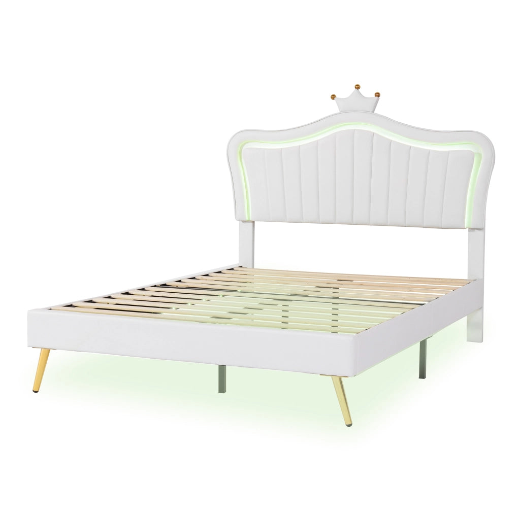 Letto per bambini imbottito 140x200 cm con LED; testiera a conchiglia con corona; bianco