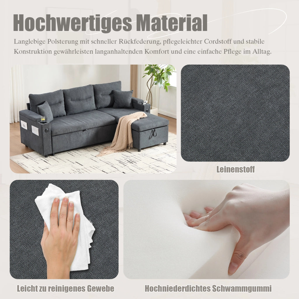 DIVANO 3 posti 212,5x136x86 cm Grigio Scuro in lino con chaise longue e letto estraibile