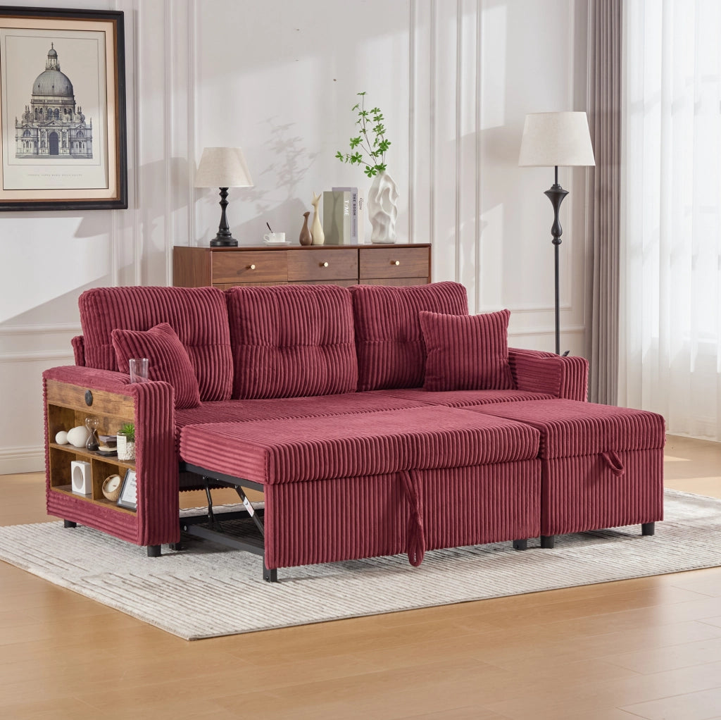 Divano letto in corduroy con contenitore; USB-C e LED; 196 cm; rosso vino