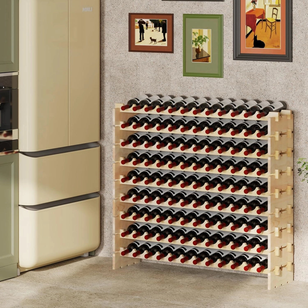 Cantinetta per vini impilabile in legno, portabottiglie per 108 bottiglie, armadietto per vini con 9 livelli, supporto per bottiglie modulare per cucina e bar, scaffale in legno 120 x 29 x 118