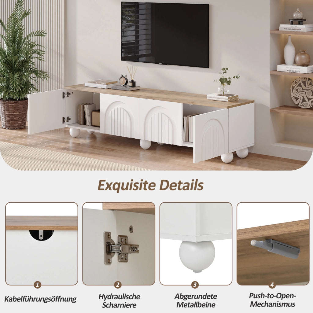 Mobile porta TV con 4 ante e 2 vani, in MDF e gambe in metallo, per soggiorno, bianco e effetto legno, 180 × 40 × 45 cm
