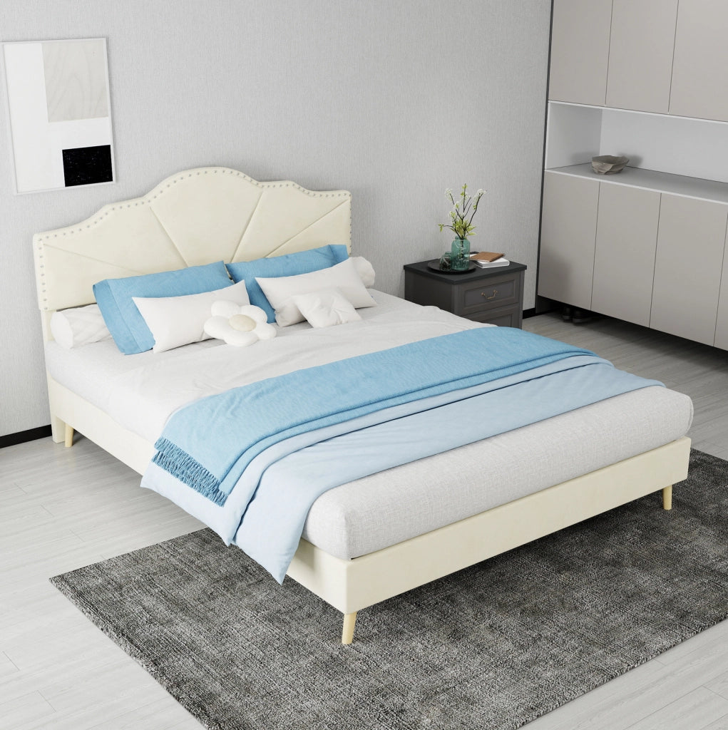 Letto 140x200 cm con testiera geometrica in tessuto beige