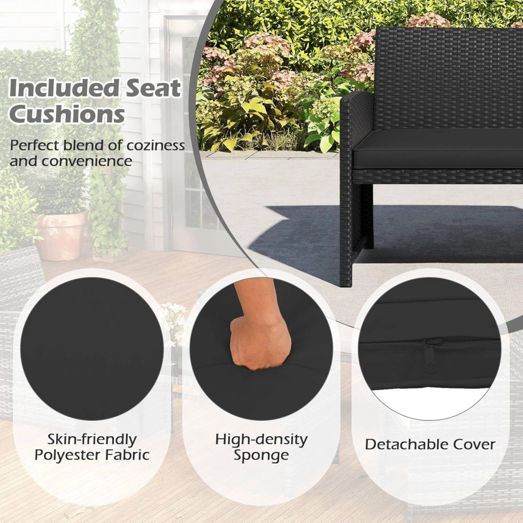 Set di salotto da giardino esterno in rattan PE 4 pezzi, divano a 2 posti, 2 poltrone, tavolino da salotto con piano in vetro, per 4 persone, mobili da giardino per terrazza, patio, nero