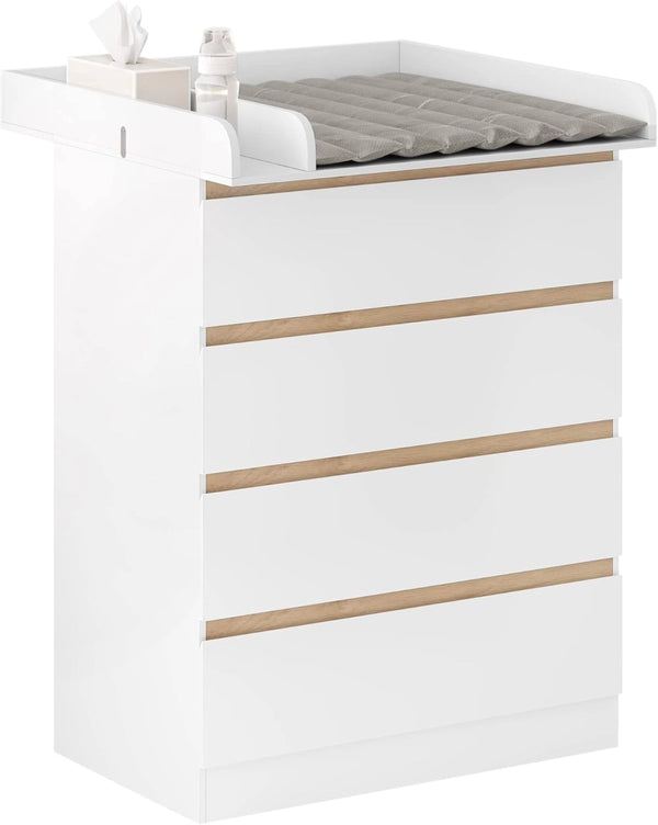 Mobile Fasciatoio per Bambini, Cassettiera con 4 Cassetti, Cassettone con Ripiano Fasciatoio Rimovibile, in Legno MDF e Truciolare, Bianco+Rovere