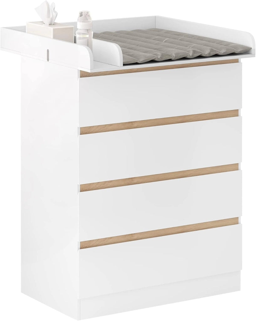 Mobile Fasciatoio per Bambini, Cassettiera con 4 Cassetti, Cassettone con Ripiano Fasciatoio Rimovibile, in Legno MDF e Truciolare, Bianco+Rovere