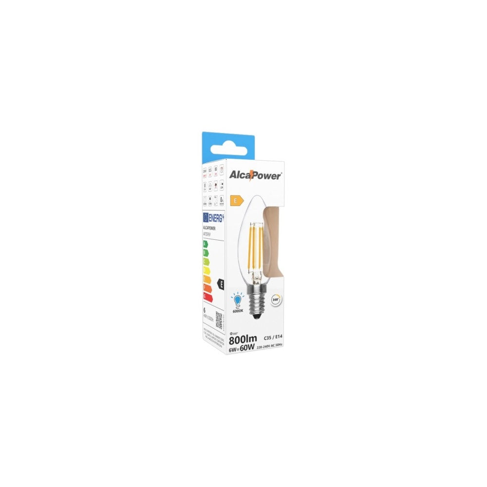 Alca power c35 6w 230v 810lm 6000k e14 lampada oliva a filamento a led vetro trasparente