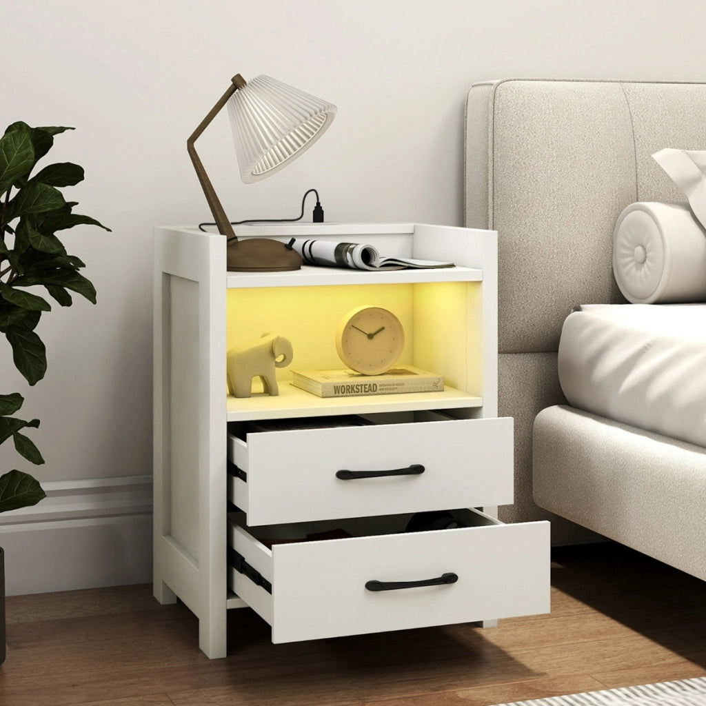 Tavolino moderno per divano per soggiorno e camera da letto, Comodino con luci LED e prese di corrente Bianco