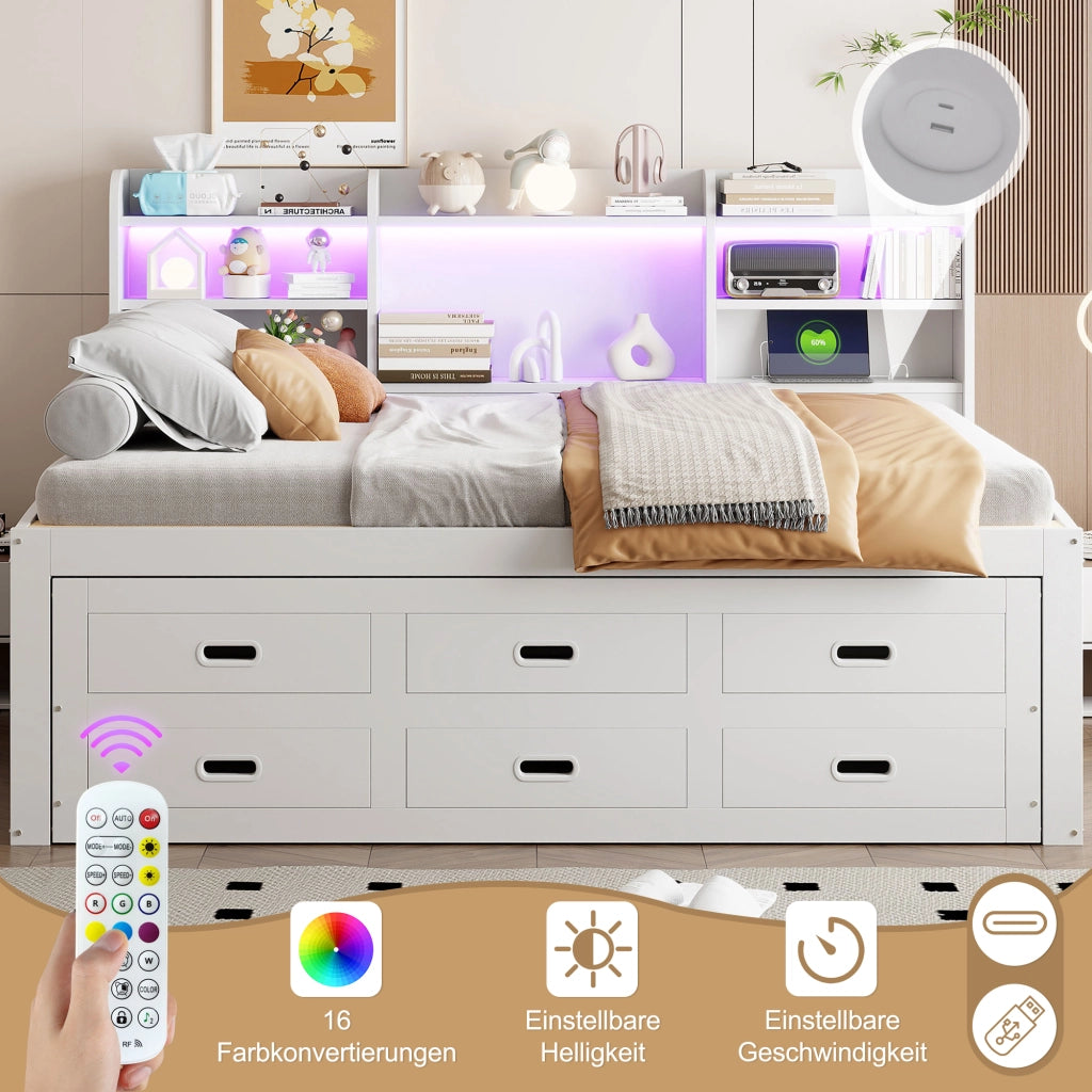 OKWISH Letto a Scomparsa 140×200 cm, Letto Matrimoniale con LED Regolabile, 3 Cassetti, USB, Tipo C e Ripiani, senza Materasso, Bianco