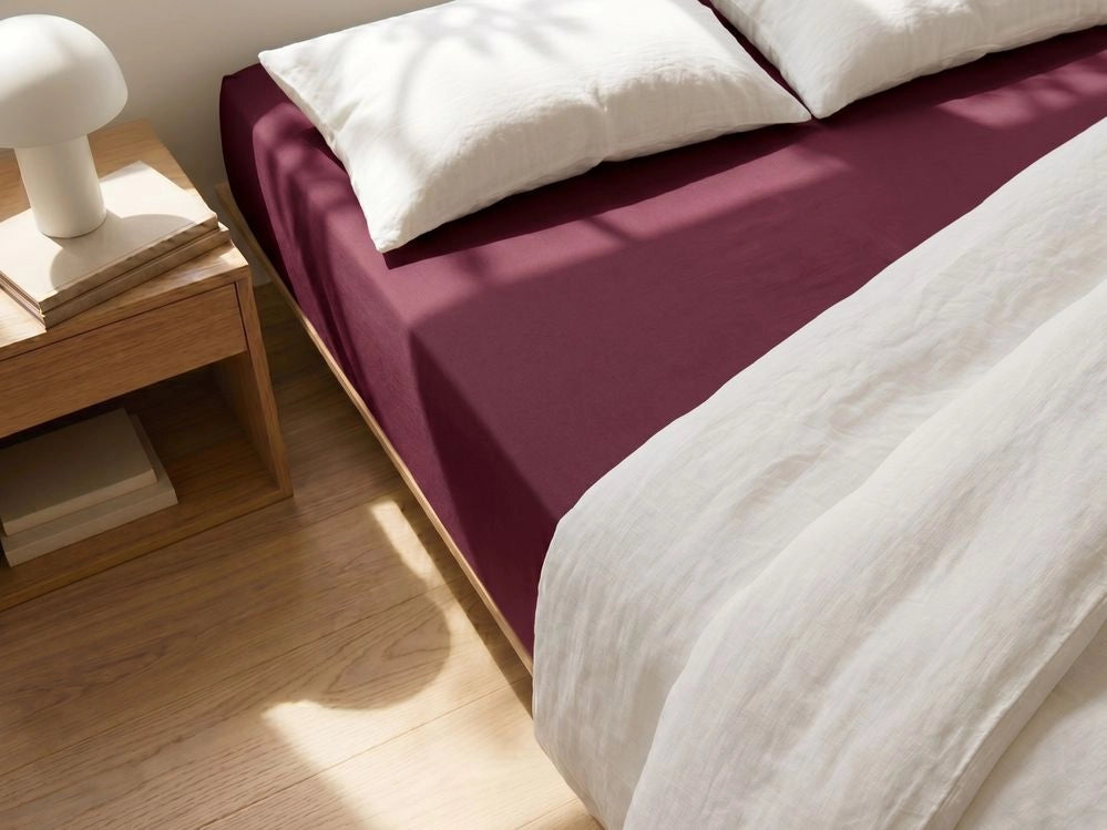 Lenzuolo con angoli cotone bordeaux 200 x 200 cm con bordi elastici modello classico a tinta unita camera da letto classica