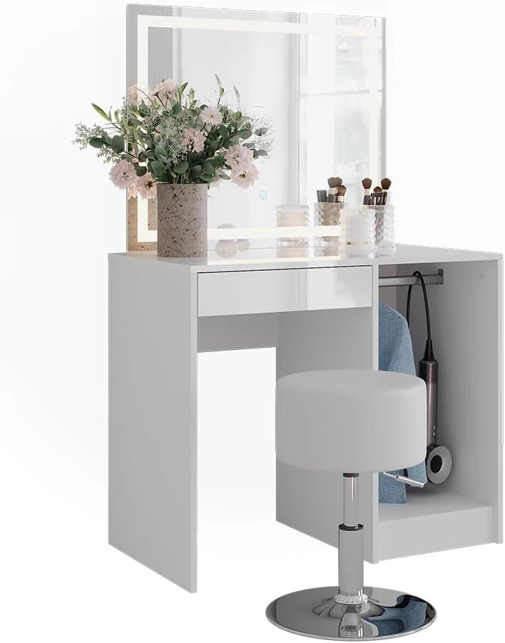 Tavolo da toeletta Sherry, Bianco/bianco lucido, 89.8 cm con specchio LED e sgabello