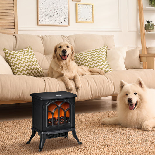 Camino Elettrico da Terra con 2 Livelli di Potenza 750-1500W Effetto Fiamma 37,3x23,1x44 cm Nero