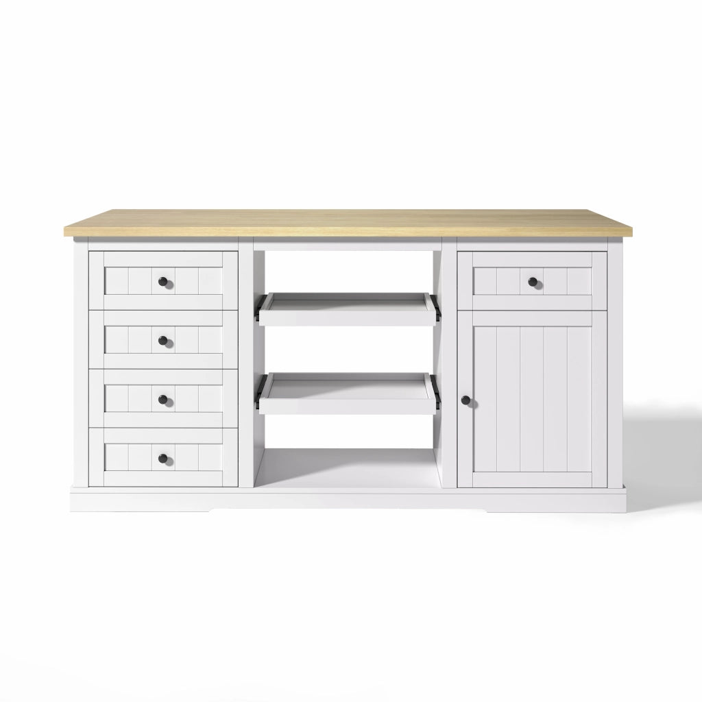 Credenza multifunzione con piano ribaltabile, 5 cassetti, 2 ripiani estraibili e prese integrate, 150×65×75,5 cm
