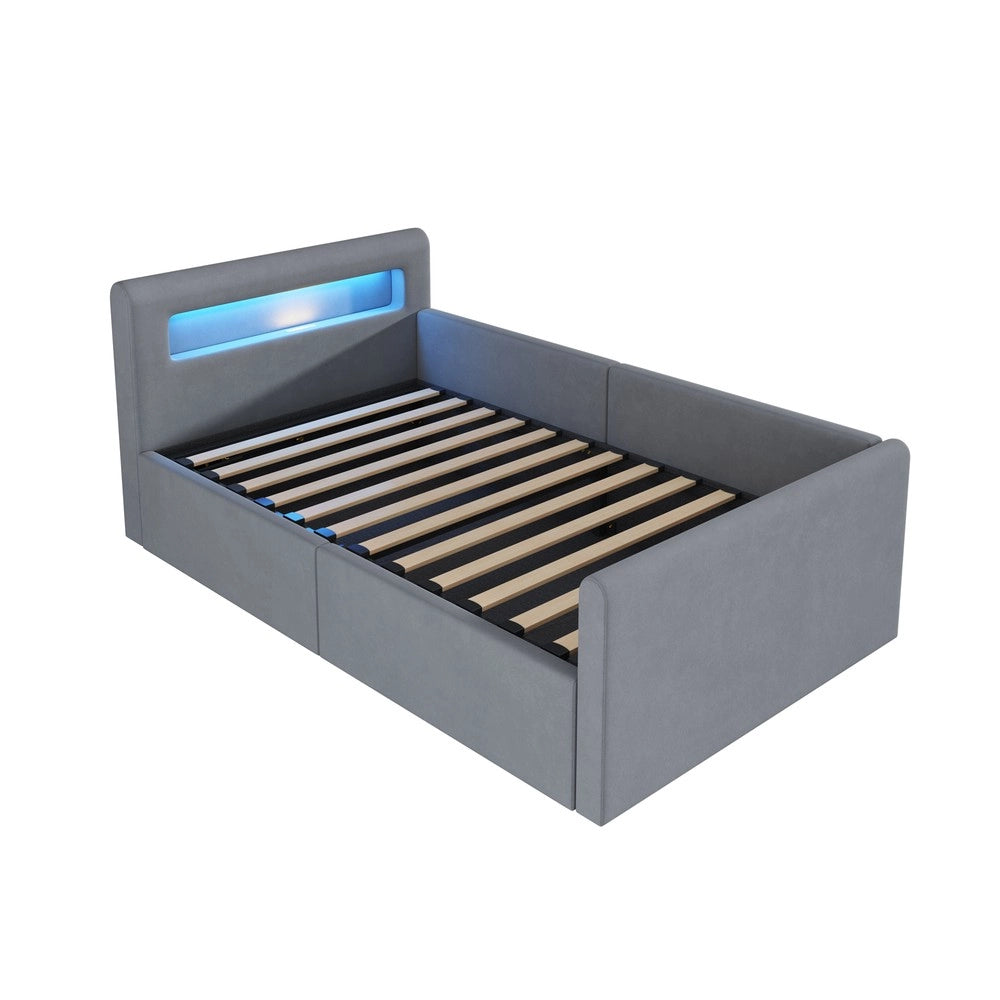 Letto Singolo Imbottito con LED, USB e Contenitore Idraulico ¨C MINIMAL ¨C Velluto Grigio Chiaro 90x200
