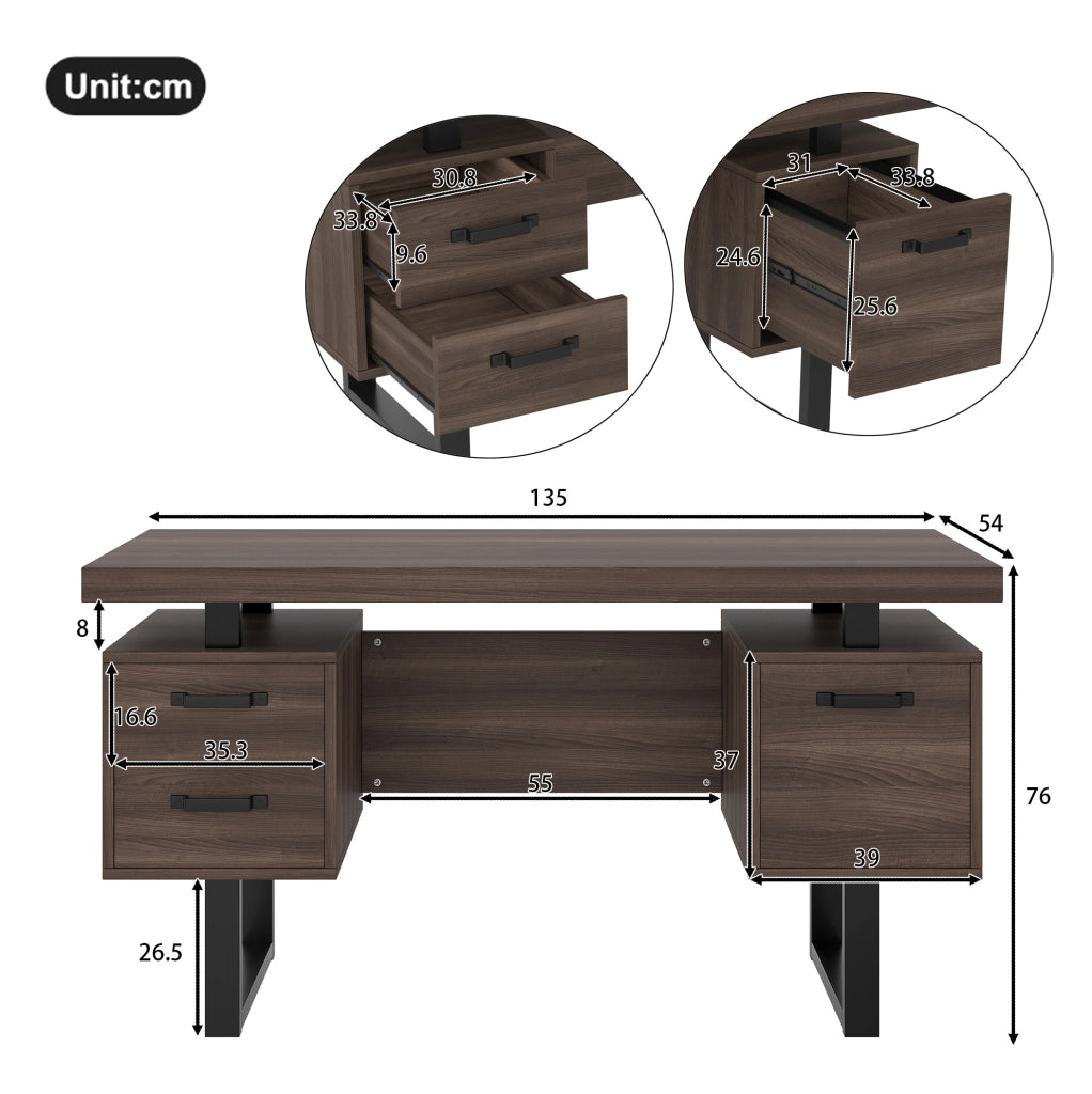 Scrivania ULEVR 135x54 cm con 2 cassetti silenziosi e vano portadocumenti, MDF e metallo nero-marrone
