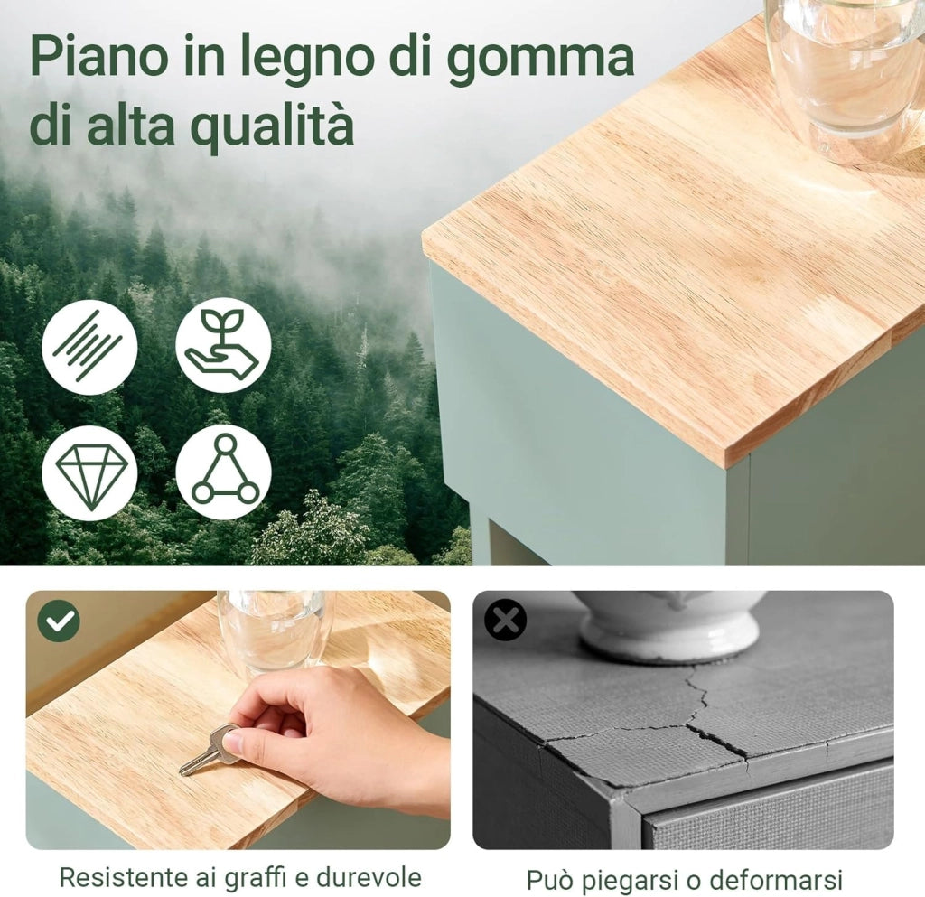Comodino camera da letto Stretto, comodino con cassetto e 2 ripiano, comodini per camera da letto e soggiorno, Tavolino da letto Verde L20 x P35 x A61 cm FBT111-GR