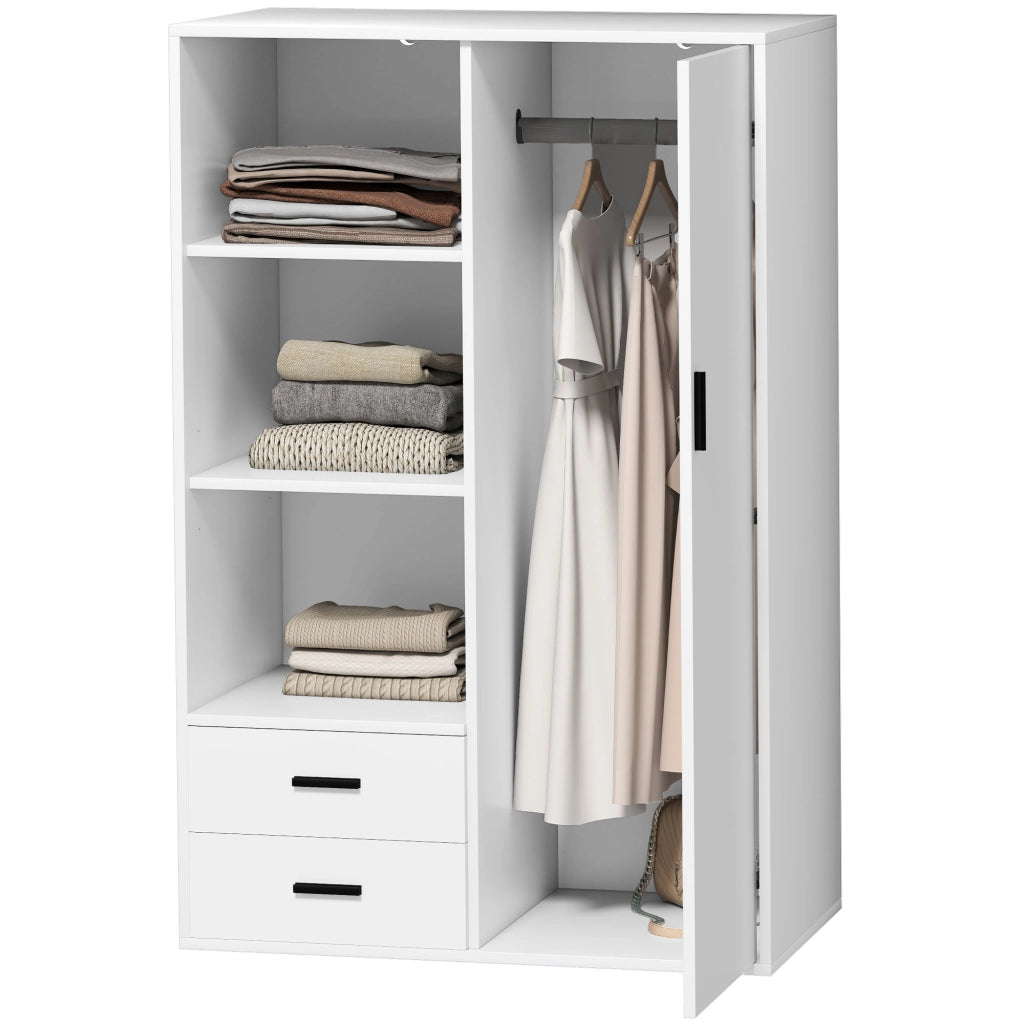 Armadio Moderno con 2 Cassetti, Ripiani Aperti e Vano Appendiabiti, 80x50x124 cm, Bianco