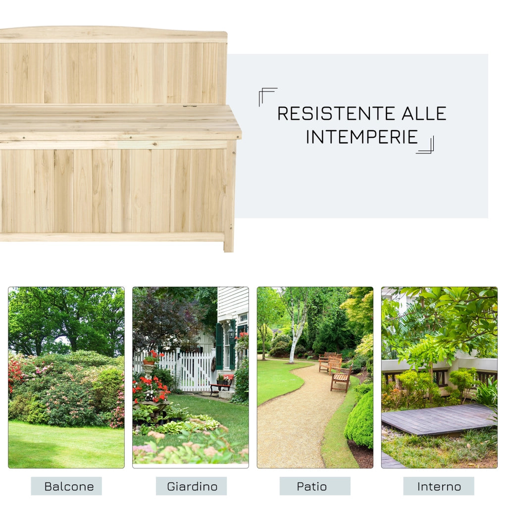 Panca Contenitore da Esterno in Legno di Abete Naturale con Schienale per Giardino e Terrazza, 115x45x75cm