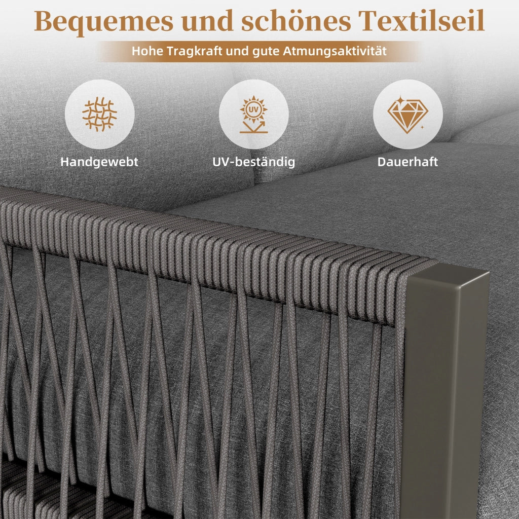 Set da giardino con divano angolare e 2 tavolini in metallo e poliestere grigio con cuscini e gambe regolabili