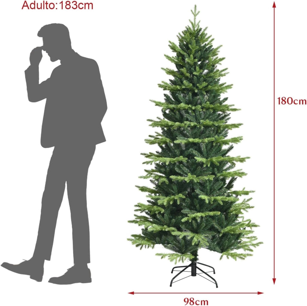 Albero di Natale 180 cm, Albero di Natale Artificiale con Rami in PE e in PVC e Base di Metallo Incrociata, per Casa, Ufficio e Negozio, Verde