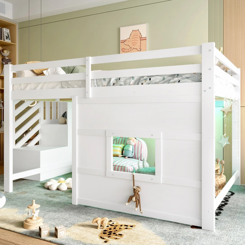 Letto a Soppalco con Scala Contenitore e Finestra ¨C MINIMAL ¨C Bianco 140x200