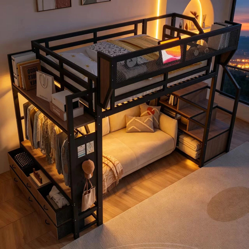 Letto a soppalco 140 × 200 cm con ripiani, asta appendiabiti, cassetti in tessuto et LED, senza materasso, nero