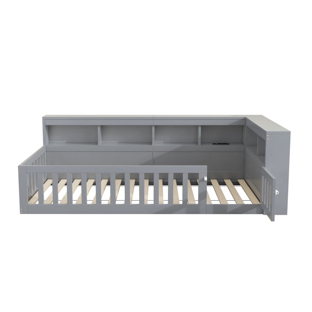 Divano letto 90x200 cm con presa USB e vano portaoggetti in truciolare e MDF grigio