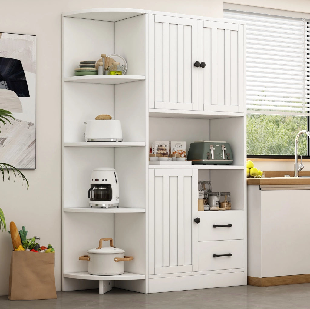 Vetrina angolare 104x35x155 cm con 3 armadi; 2 cassetti e 6 vani aperti; truciolare bianco
