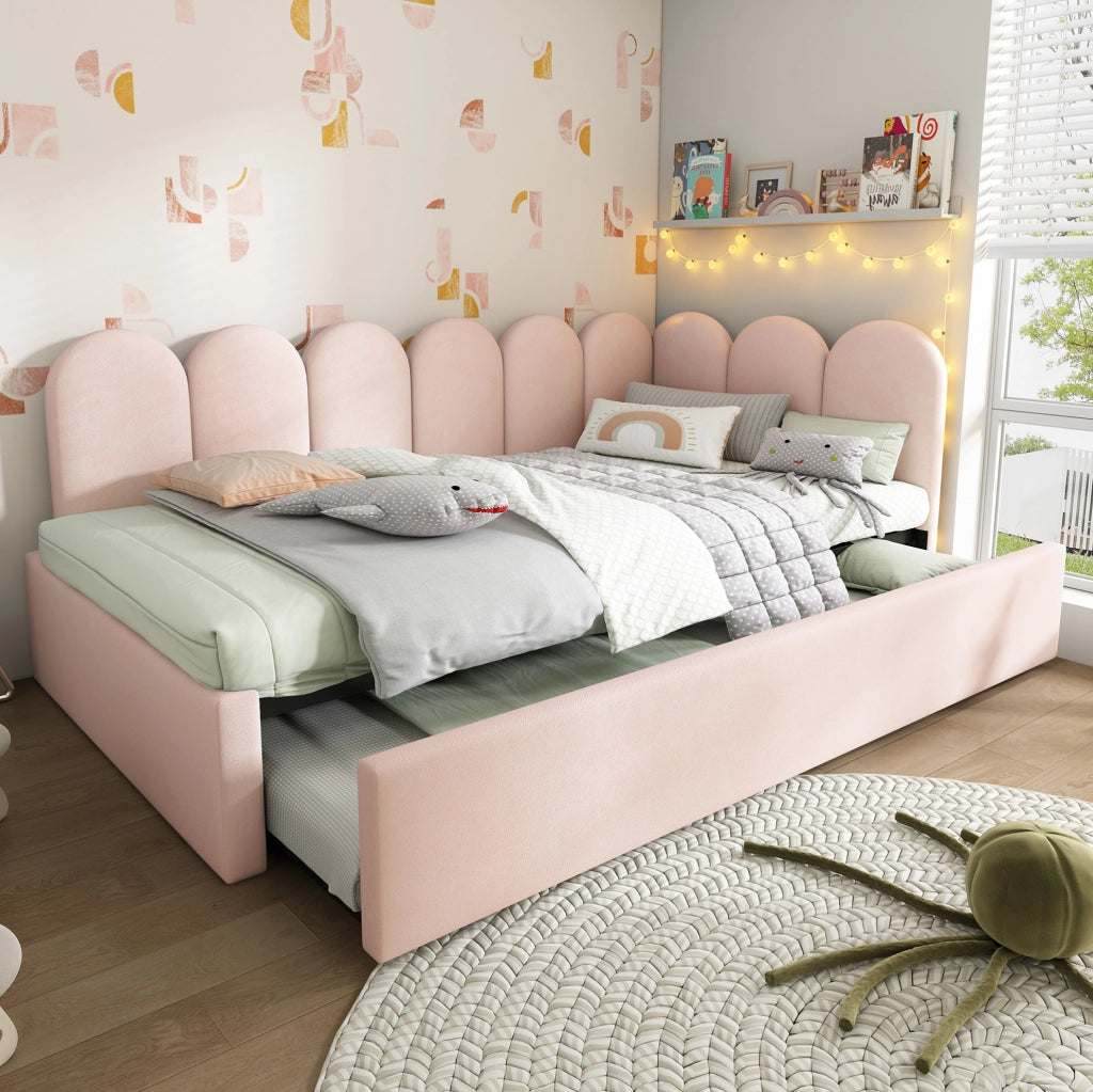 Divano letto 90x200 cm; rete estraibile; design a griglia; velluto; rosa (Senza materasso)