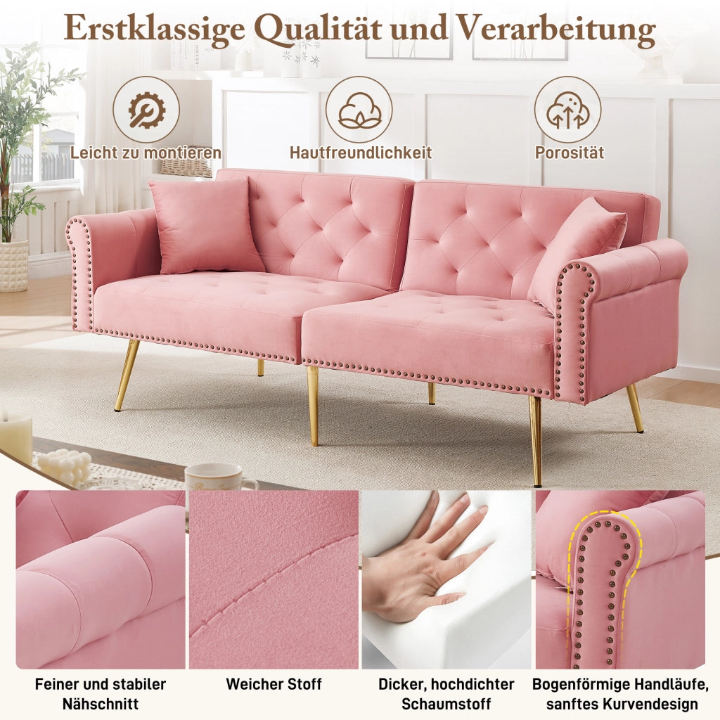 Divano letto 2 posti - con schienale regolabile e cuscini - in velluto rosa