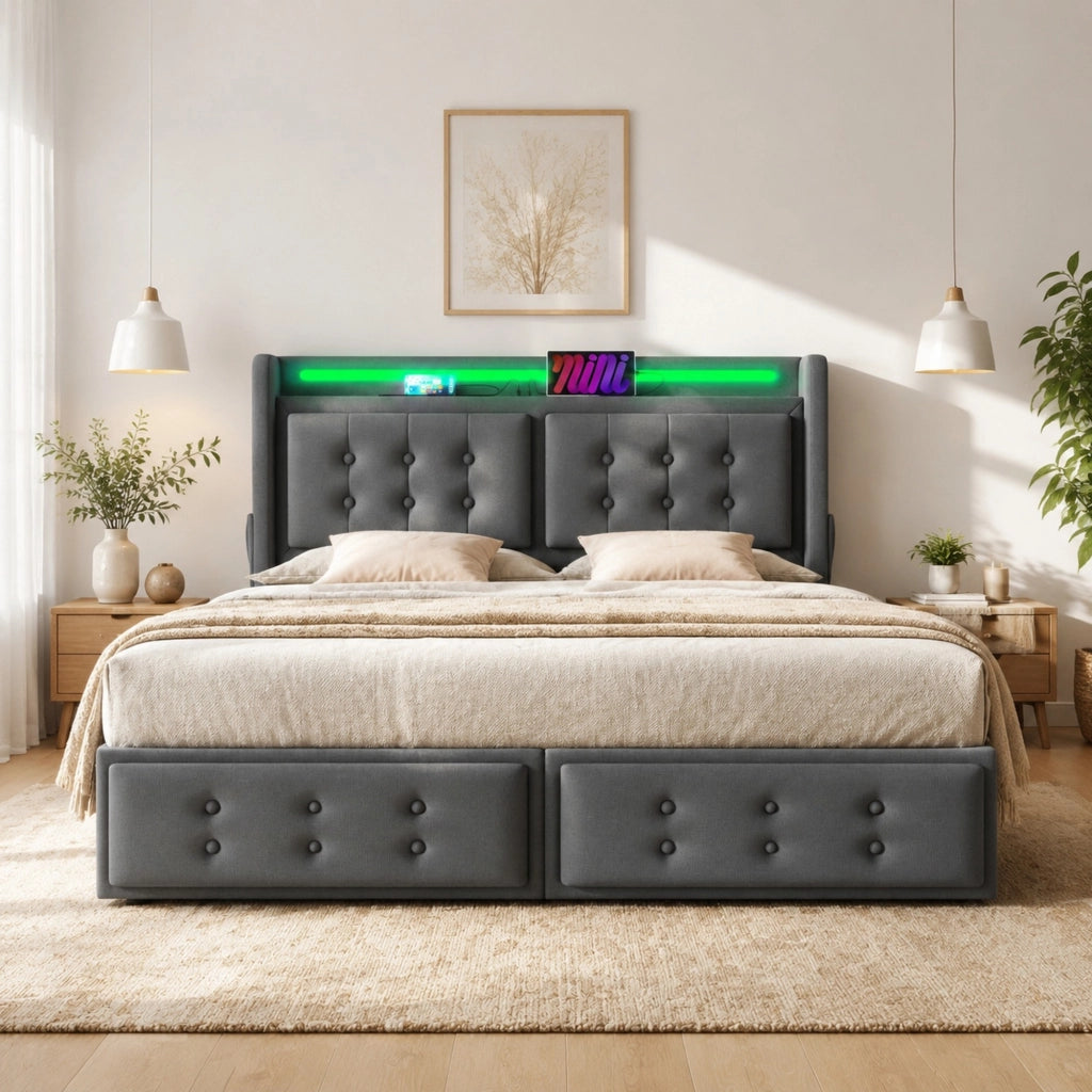 Letto imbottito 160x200 cm con LED, porte USB-C e USB, 4 cassetti, senza materasso